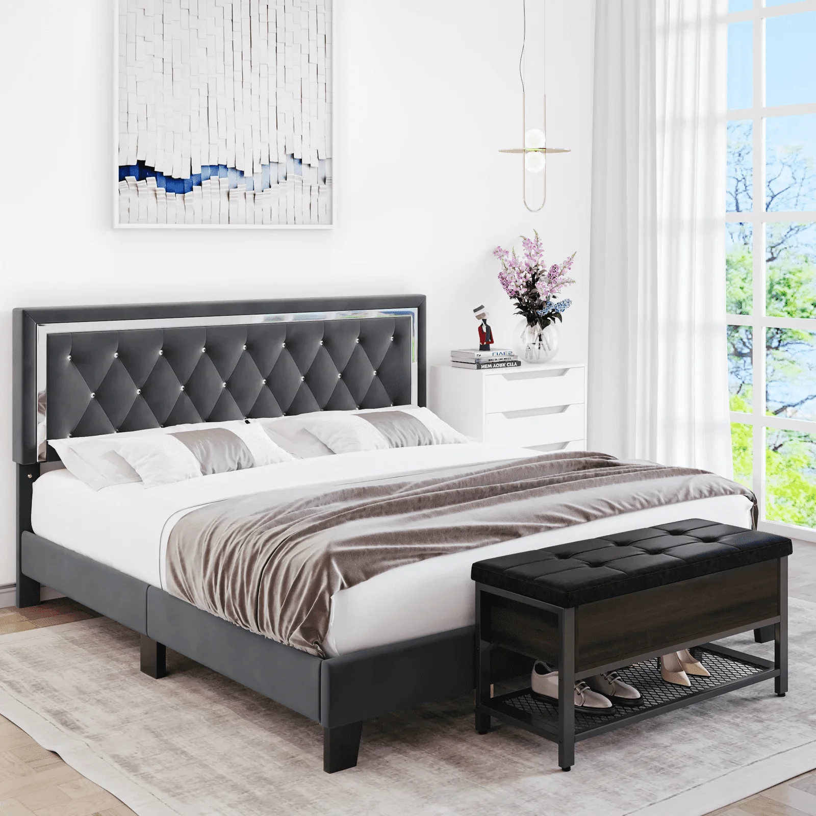Homfa King Size Bed Frame, Diamond Tufted Upholstered Platform Bed with Adjustable Headboard, Gray