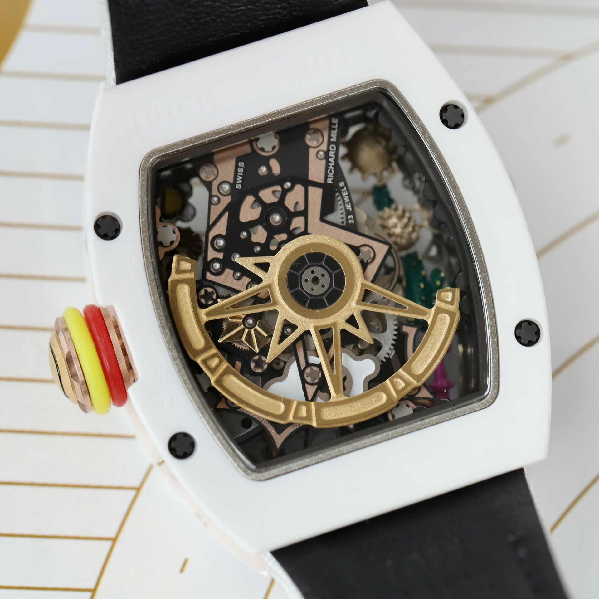 Richard Mille Best Copies Watch RM88 Smiley White Ceramic Fabic Nato Strap 42mm - Top club