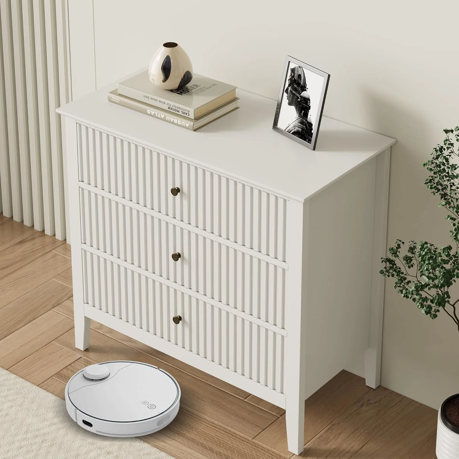 Heynemo Beige 6 Drawer Dresser, Fluted Modern Wood Chest - Image 12