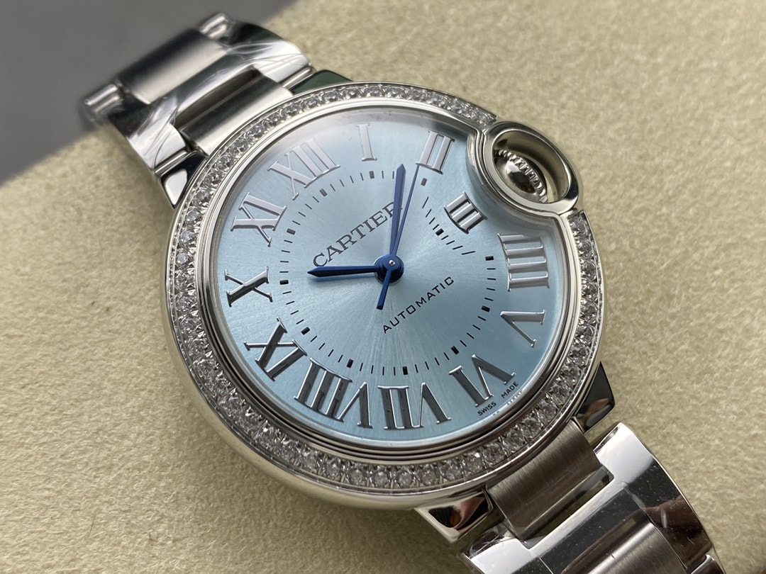 Ballon Bleu de Fake Cartier Watch Steel Diamond Bezel 33mm Blue Silver Dial W4BB0028(1:1 replica) - Top club