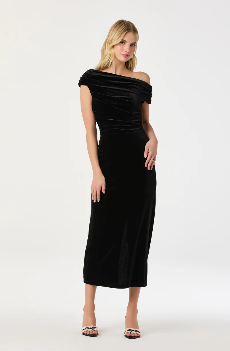 Velvet Off Shoulder Midi Dress-Black