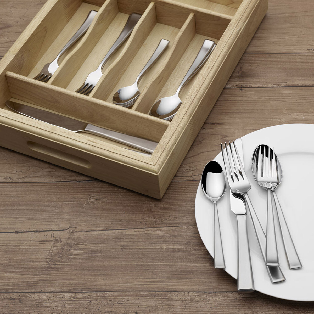 Mikasa Essex Satin 65-Piece Stainless Steel Flatware Set with Wood Caddy