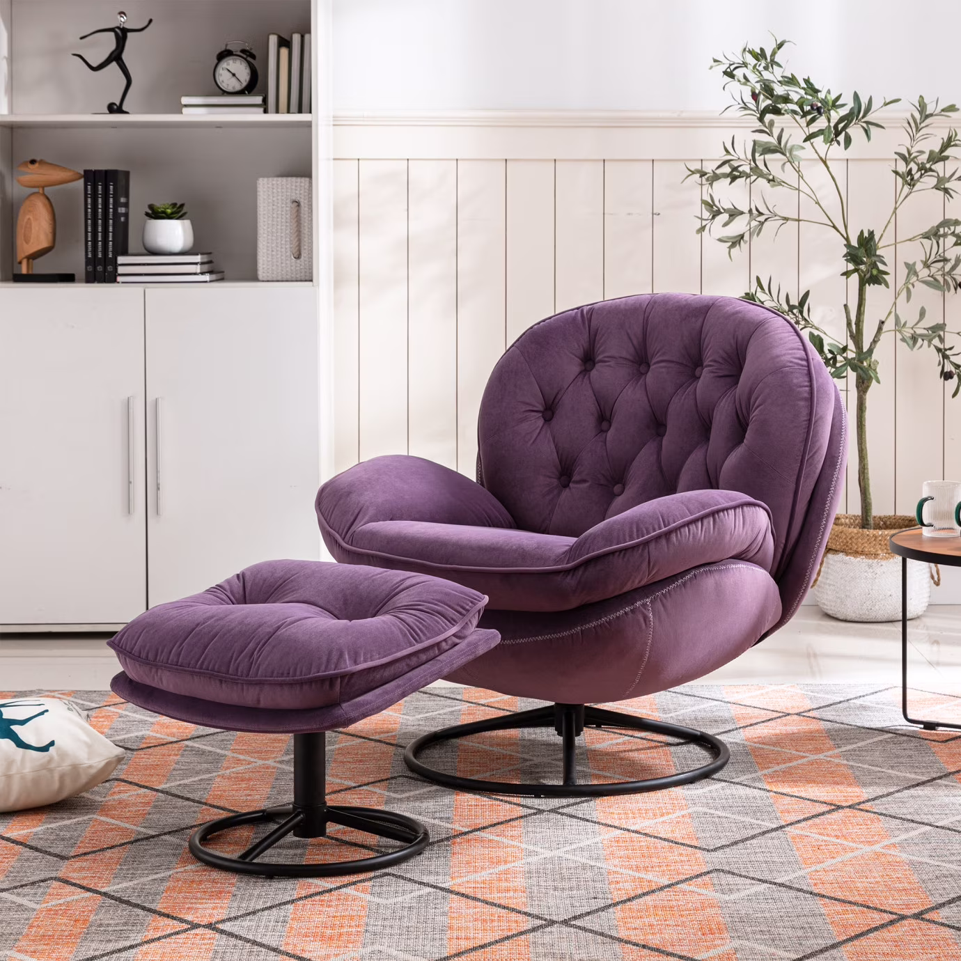 Velvet Swivel Accent Chair with Ottoman Set, Modern Tufted Armchair with Footrest for Living Room Reading TV Chairs for Adults, Comfy Chaise Lounge Chairs with 360 Degree Swiveling for Bedroom, Pink - Image 5