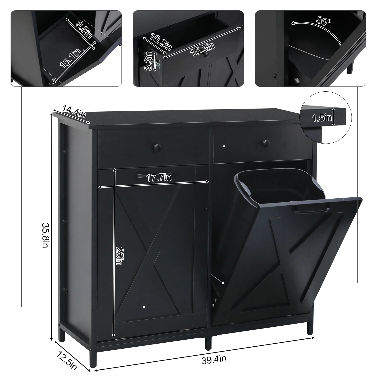 Pirecart 20 Gallon Double Tilt Out Trash Cabinet Wood Hidden Storage Cabinet, Recycling Cabinet with 2 Drawers, Black - Image 9