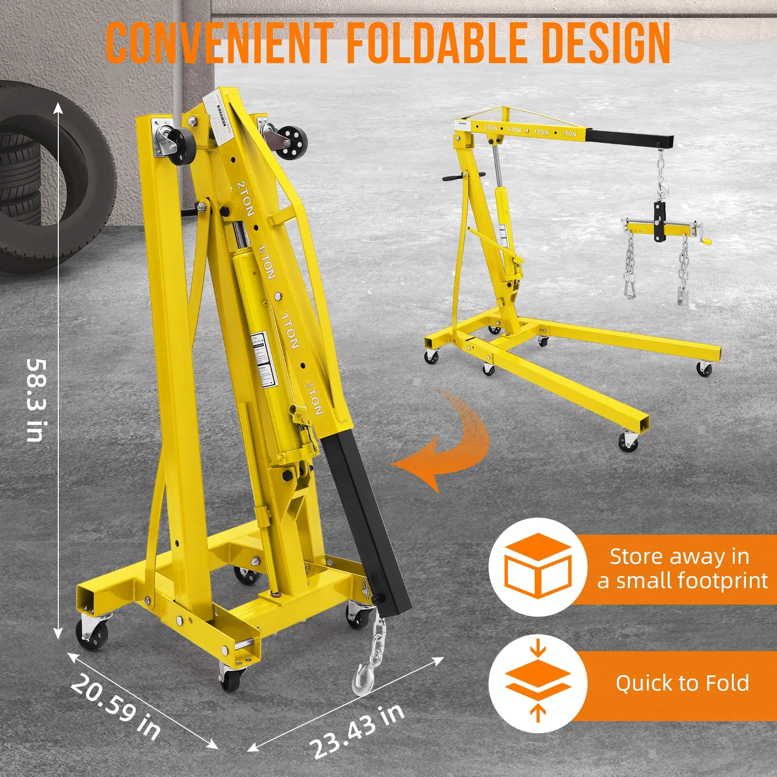JoanKaren Hydraulic Engine Hoist,4400lbs Max Weight,Folding Engine Lift Shop Crane with Lever and 6 Steel Caster Wheels,Yellow - Image 8