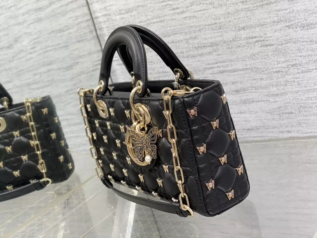 Medium Lady D-Joy Bag Black Cannage Lambskin with Gold-Finish Butterfly Studs1:1High-quality replica