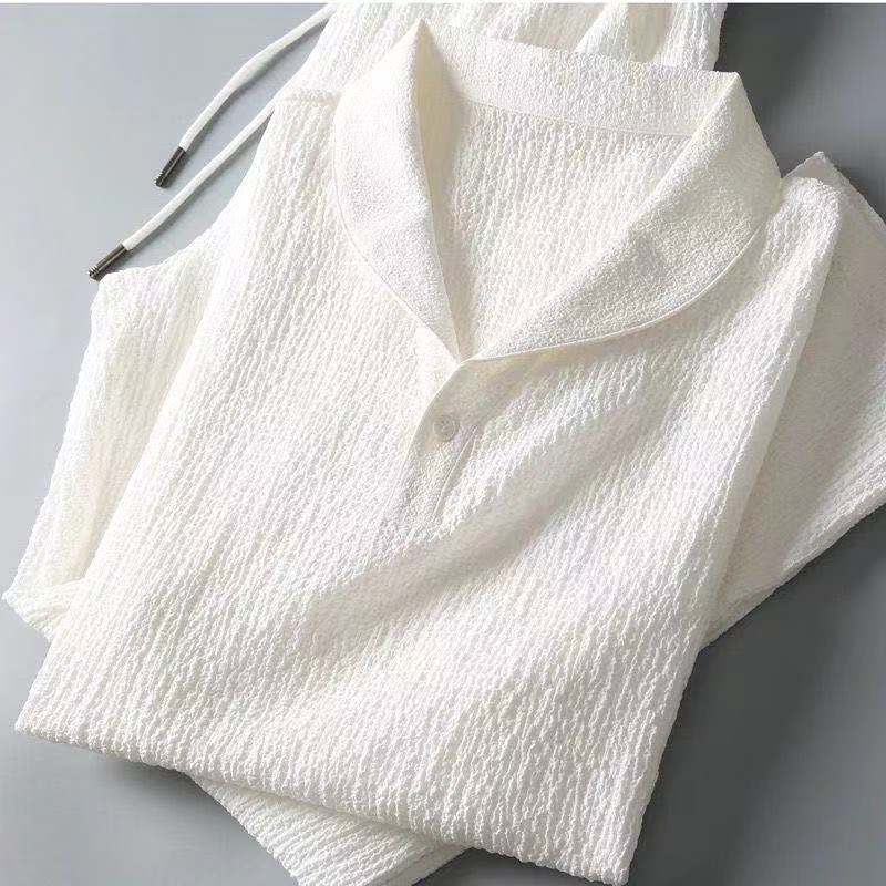 Summer fashion trend pleated two-piece set: Men's cotton-linen short-sleeve T-shirt with mandarin collar, white casual sports suit