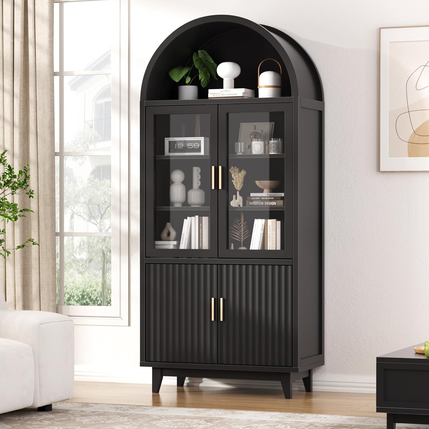FiveWillowise Arched Cabinet with Glass Doors, Fluted Tall Pantry with Solid Wood Legs, 71