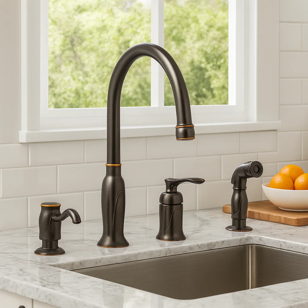 Design House Madison Bronze Single Handle Kitchen Faucet with Side Sprayer and Soap Dispenser