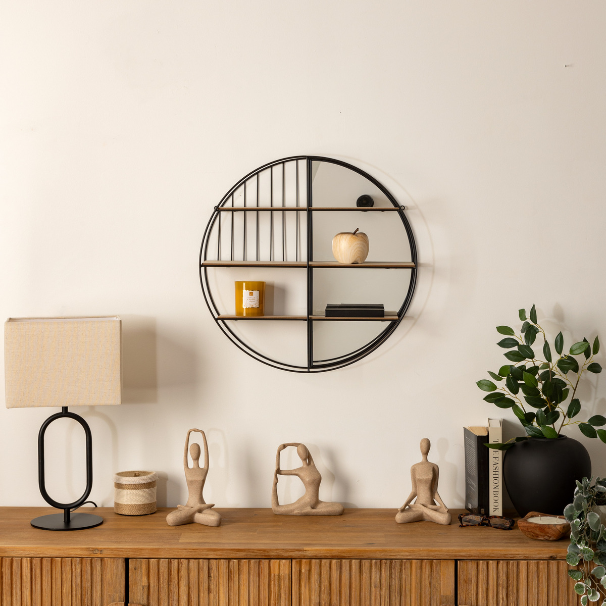 Wall shelf with mirror "Zina" Black metal, D.56 cm