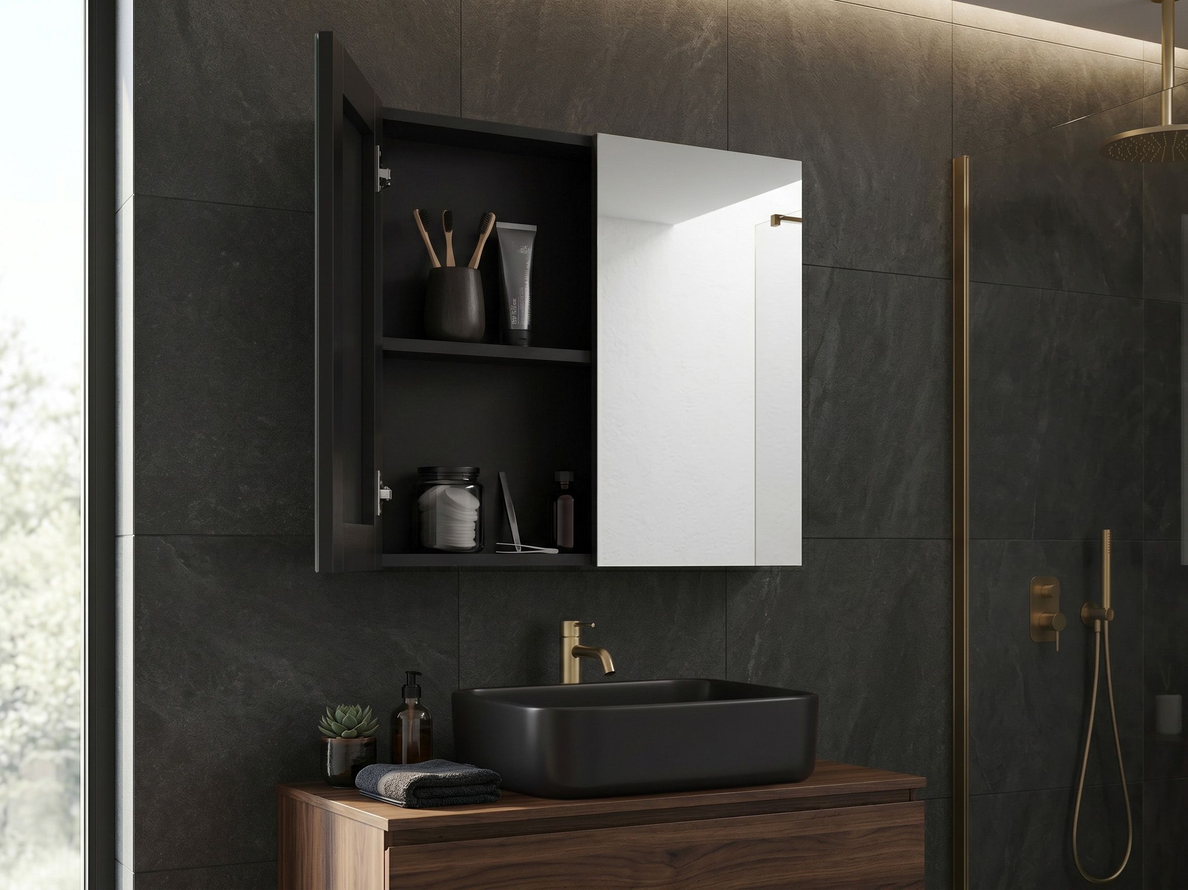 Bathroom Wall Mounted Mirror Cabinet NAVARRA 80 cm 70 cm Black