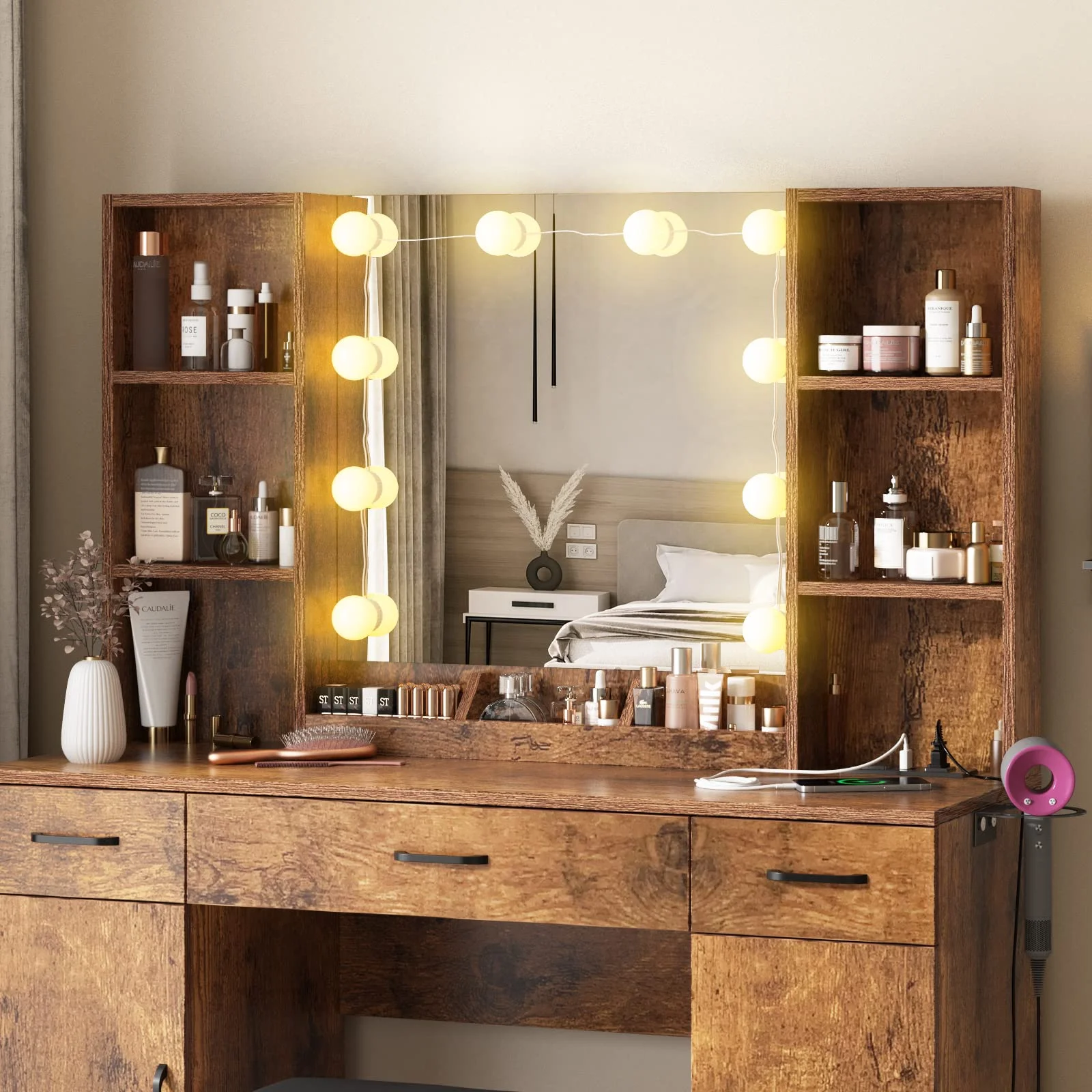 VEANERWOOD Large Makeup Vanity Set with Light Modern Makeup Vanity Table with Storage and Adjustable Lighting Colors for Bedroom 45.2in, White - Image 24