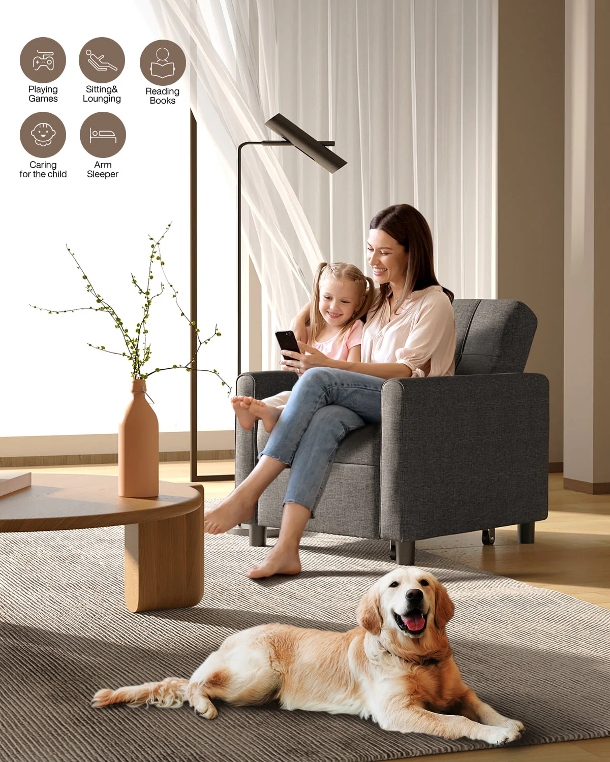 Lofka Chair Bed, Convertible Sofa Bed Couch Recliner Single Bed for Living Room/Office/Bedroom, Light Gray - Image 9