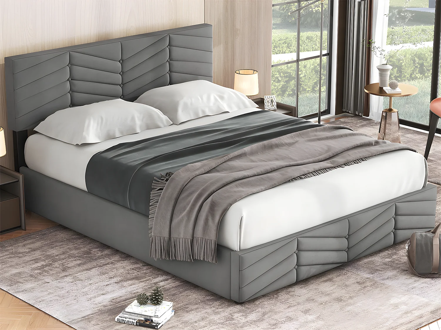 Lit coffre en velours avec sommier à lattes + tête de lit réglable - 140x190cm - Gris