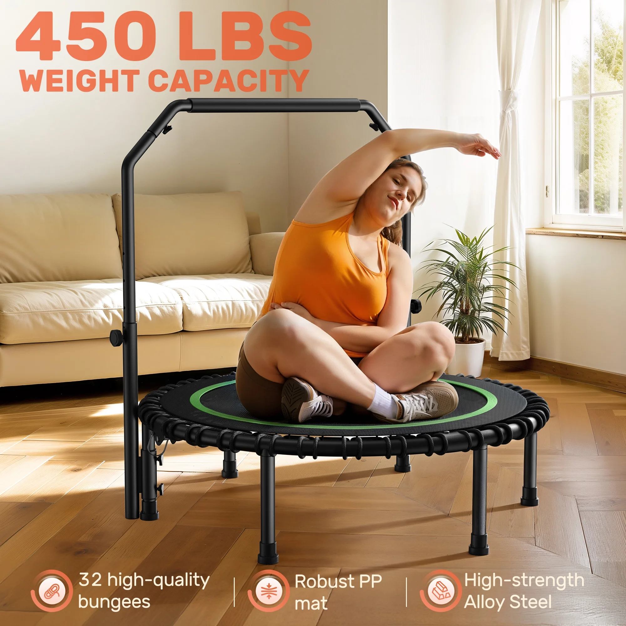 BCAN 450 LBS Foldable Mini Trampoline, 40" Fitness Trampoline with Bungees, Stable & Quiet Exercise Rebounder for Kids/Adults - Image 4