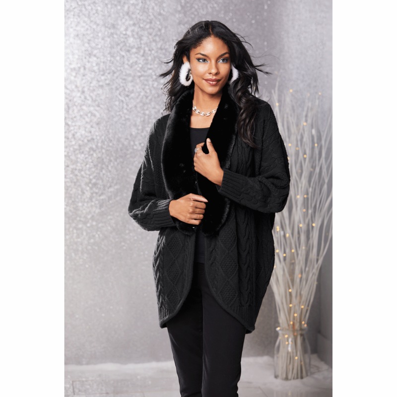 Diana Cocoon-Style Women's Cabel-Knit Cardigan with Removable Faux Fur Trim - MIDNIGHT VELVET CATALOG
