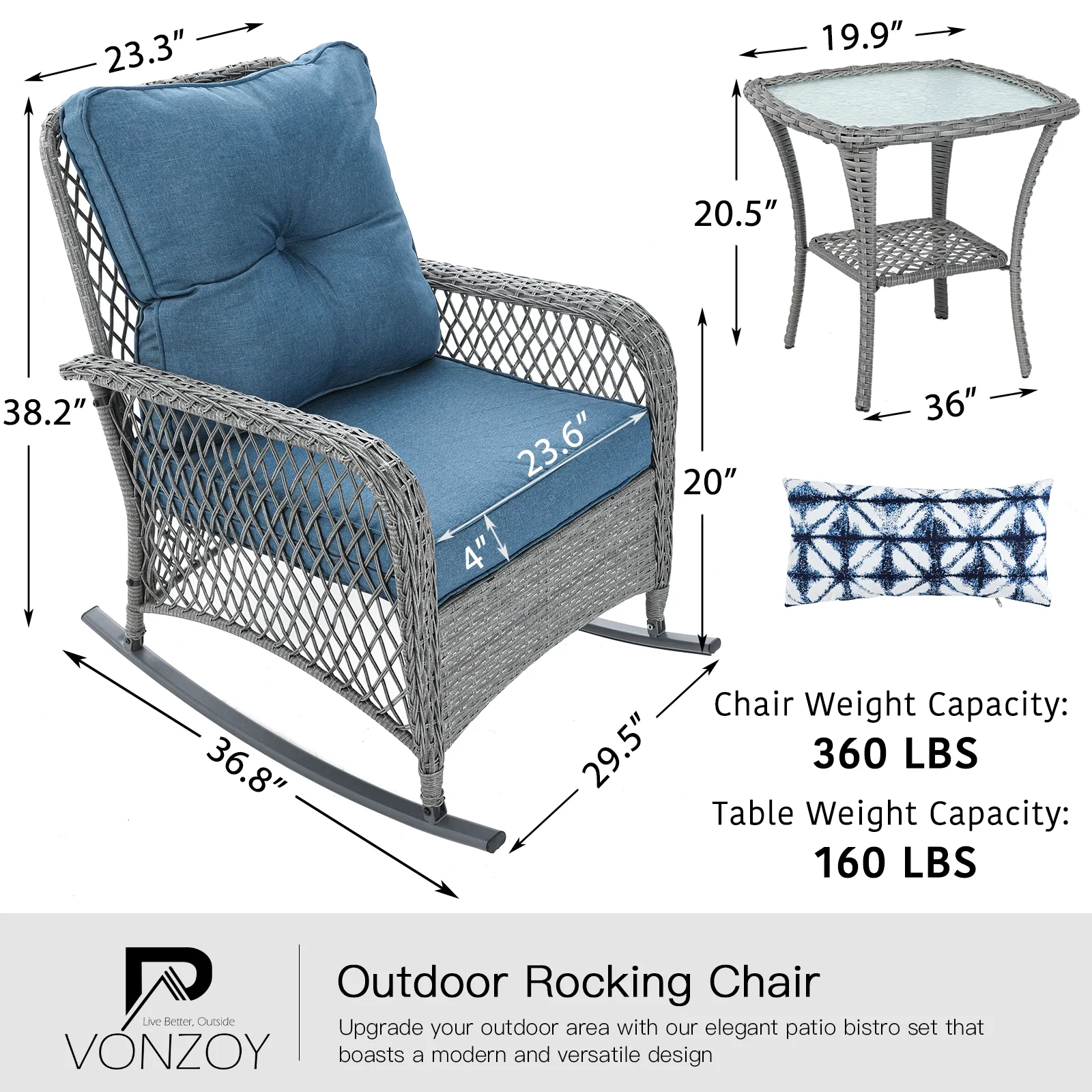 ELPOSUN 3-Piece Outdoor Rocking Chairs, Wicker Patio Furniture with Thickened Cushions and Table for Porch - Image 14