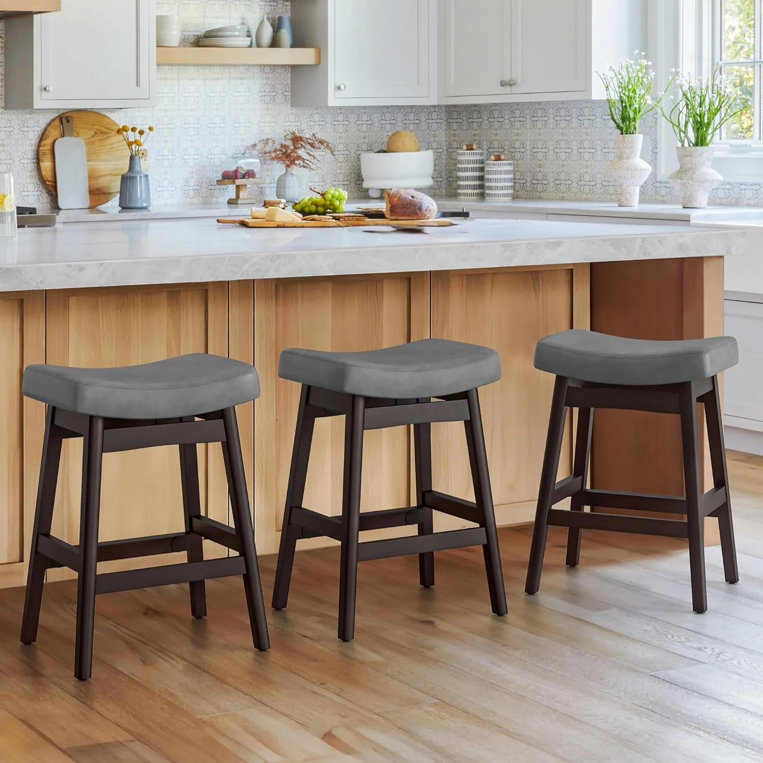Dycanpo Saddle Seat Counter Height Bar Stools Set of 3 for Kitchen, Dining, 24in, Beige-Fabric - Image 11