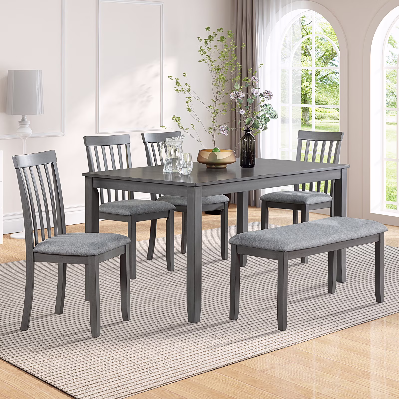 Dining Room Set, LEGAHOME 6 Piece Dining Sets with Bench and Chairs, Solid Wood Kitchen Dining Table Set for 6 with Upholstered Chairs, Gray - Image 5