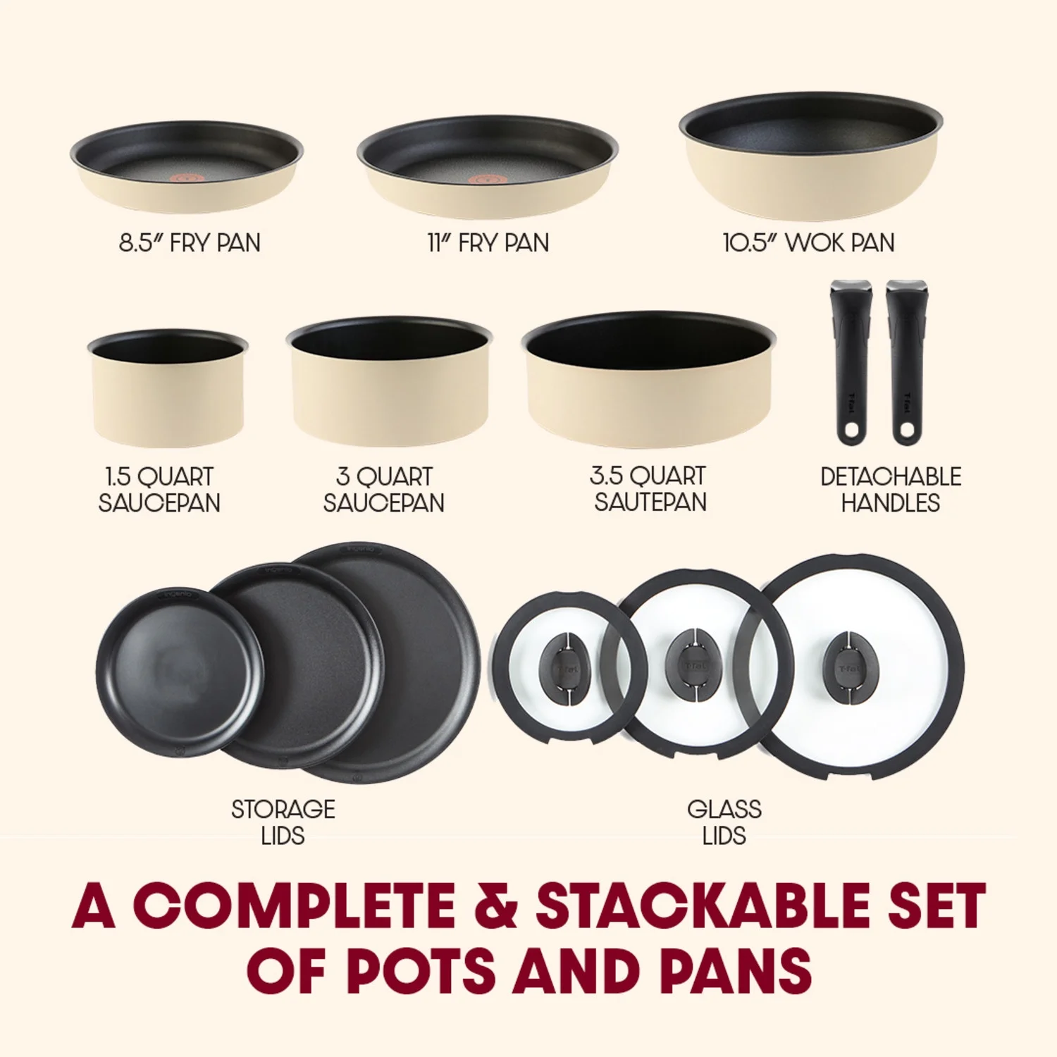 T-fal Ingenio Expertise Nonstick 14-Piece Cookware Set, Induction Oven Safe up to 500F, Detachable Handle, Onyx Black - Image 15