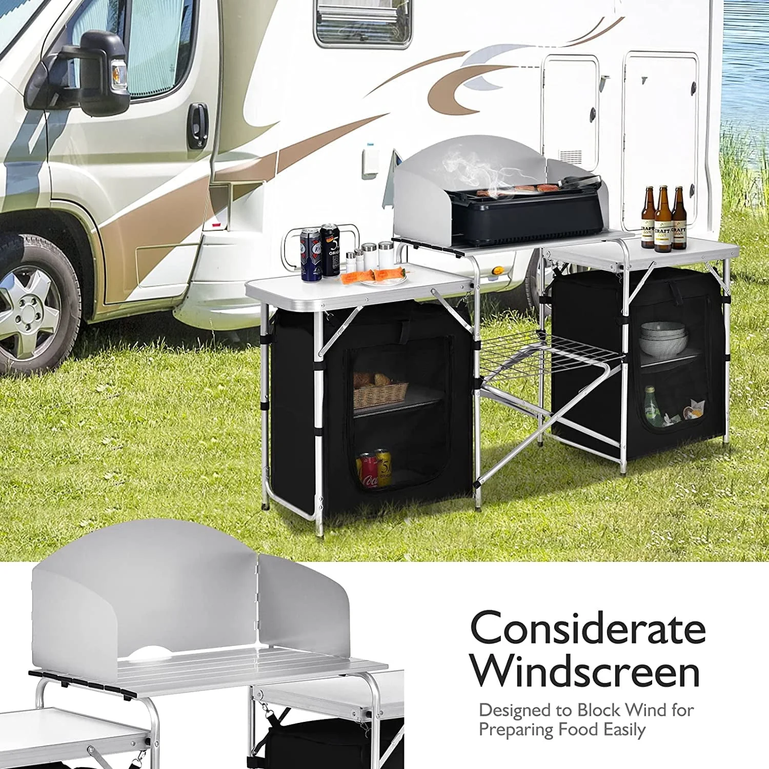 Camping Kitchen Table with Storage, Aluminum Portable Outdoor Cooking Table with Windscreen, Foldable Camp Table Cook Station for BBQ, Grill, Party, Picnics - Image 11