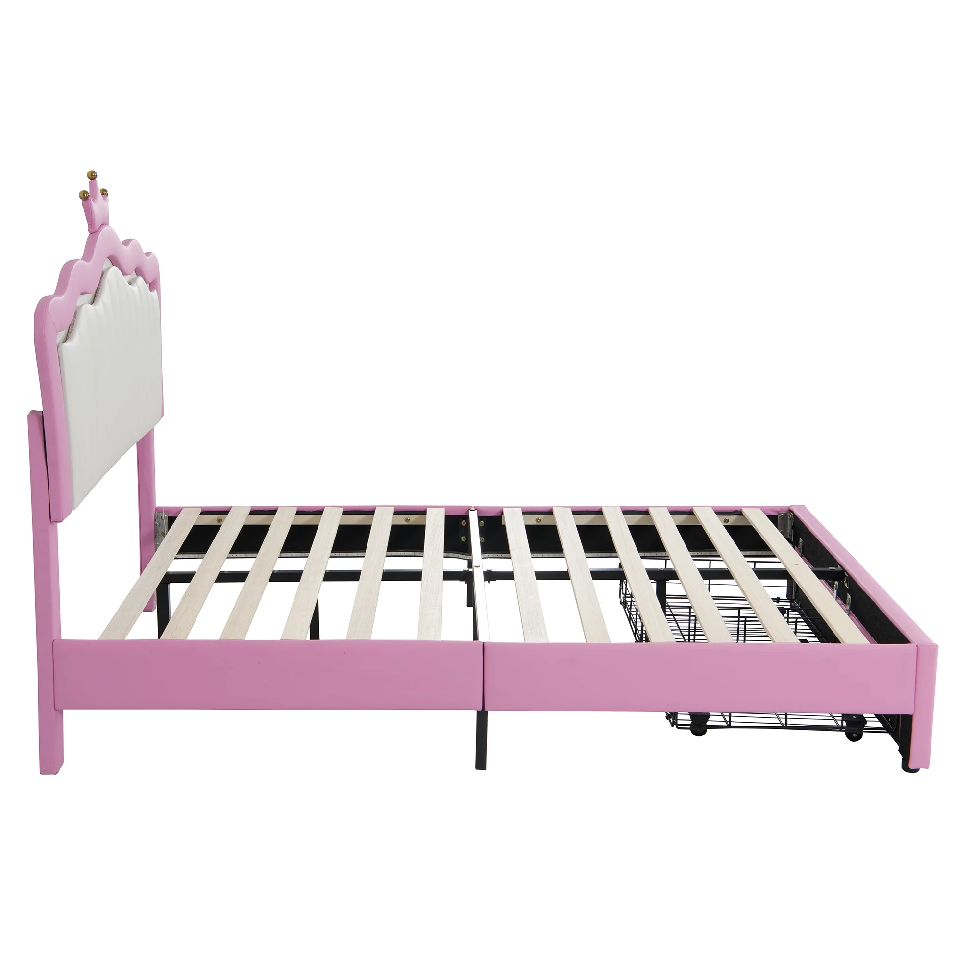 Miniyam Upholstered Twin Size Bed with LED Lights, Crown Headboard for Kids, Pink - Image 11