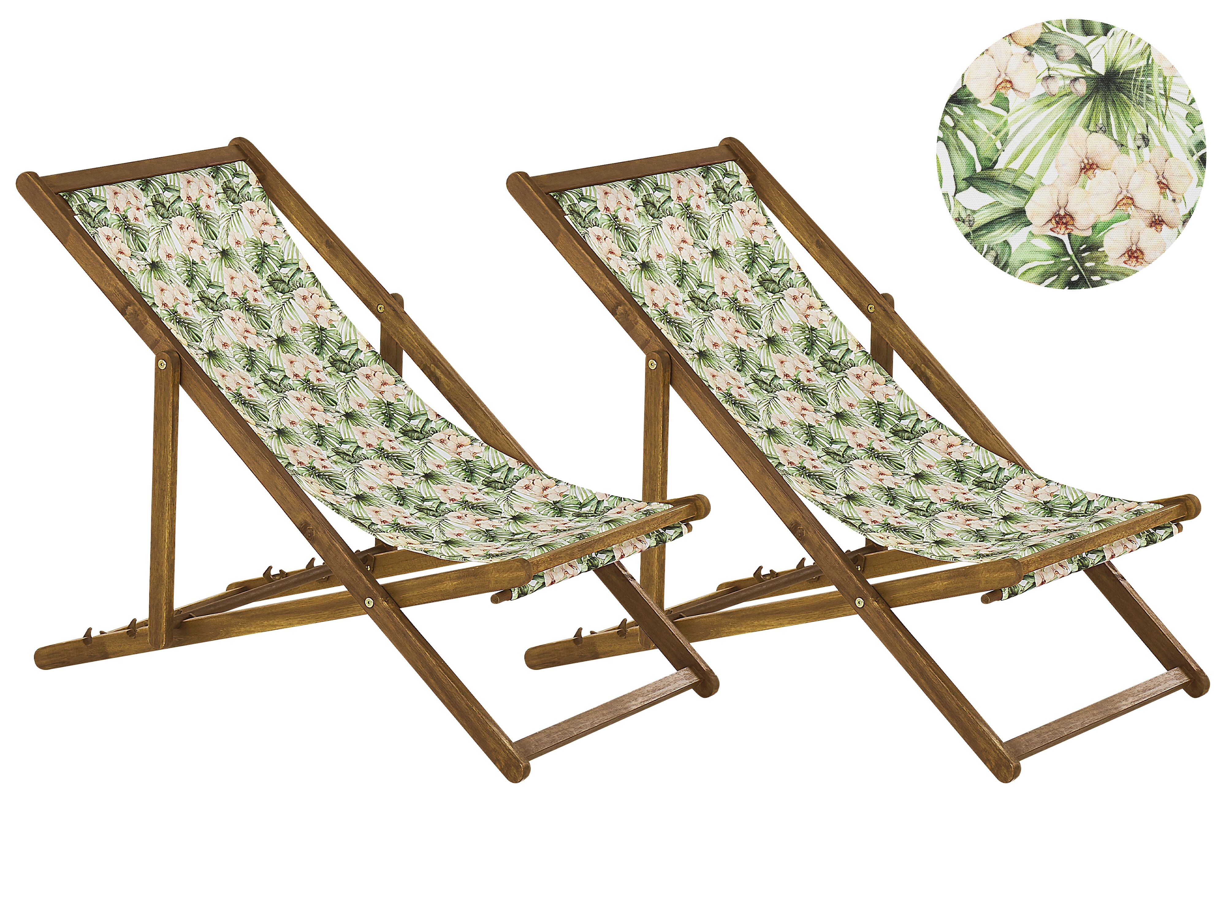 Set of 2 Folding Deck Chairs ANZIO with Replacement Fabrics Floral Motif Acacia Wood Light Brown