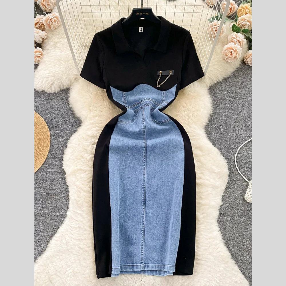 Full Size Color Block Denim Patchwork Bodycon Mini Dress Plus Size - ZKZOOK