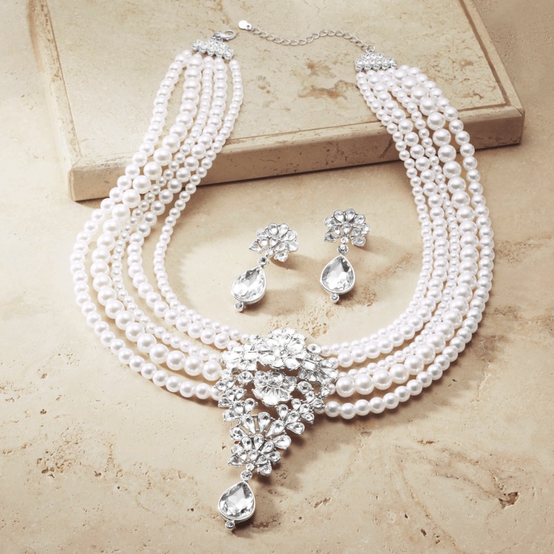 Vintage-Look Crystal/Faux-Pearl Necklace & Earring Set - MIDNIGHT VELVET CATALOG