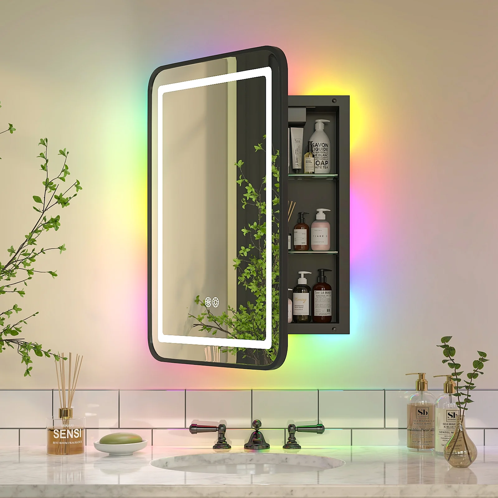 Hironpal Black Metal Framed Bathroom Mirror Medicine Cabinet Recess or Surface Mount Installation