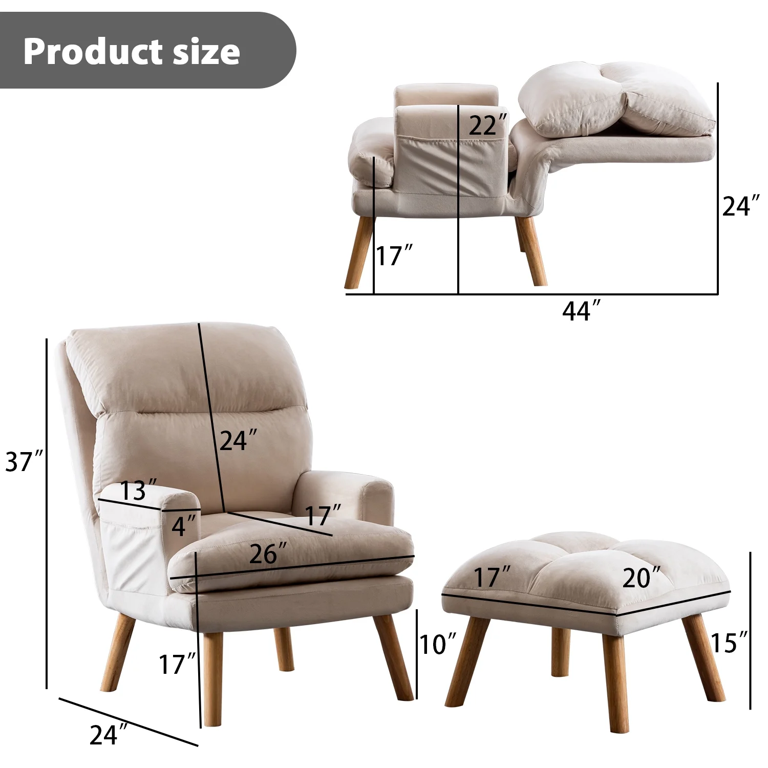 Bestier Adjustable Accent Chairs with Ottoman, Velvet Fabric Armchair for Bedroom Living Room, Comfy Lounge Chair with Padded Backrest and Side Pocket, Soft Reading Chair, Beige - Image 7