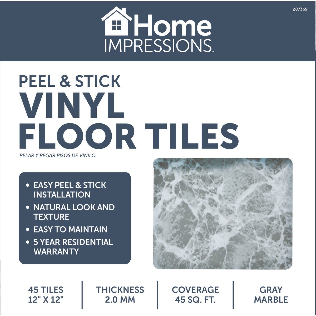 Home Impressions Gray Marble 12 In. x 12 In. Vinyl Floor Tile (45 Sq. Ft./Box)