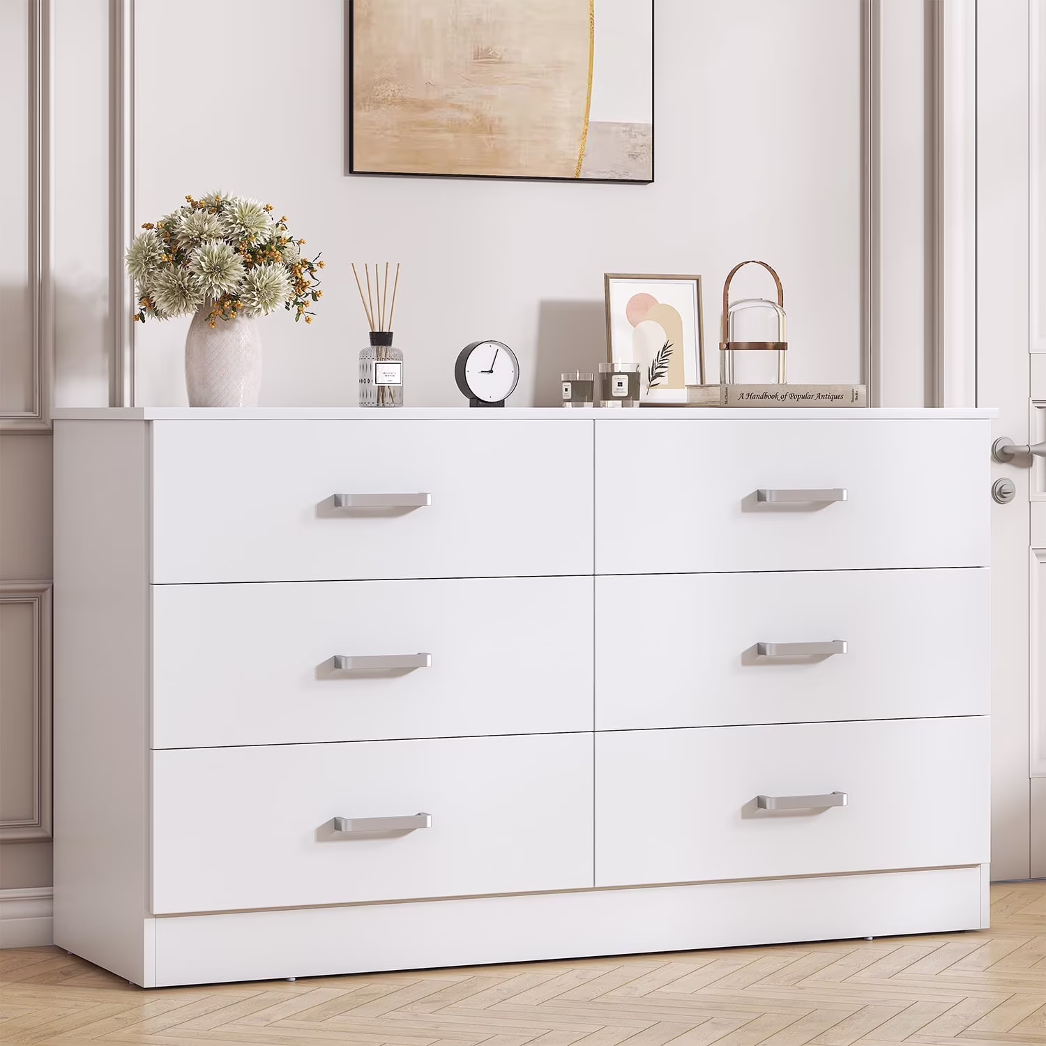 Winkalon 6 Drawer White Double Dresser, Wood Storage Cabinet with Easy Pull Out Handles for Living Room,Chest of Drawers for Bedroom