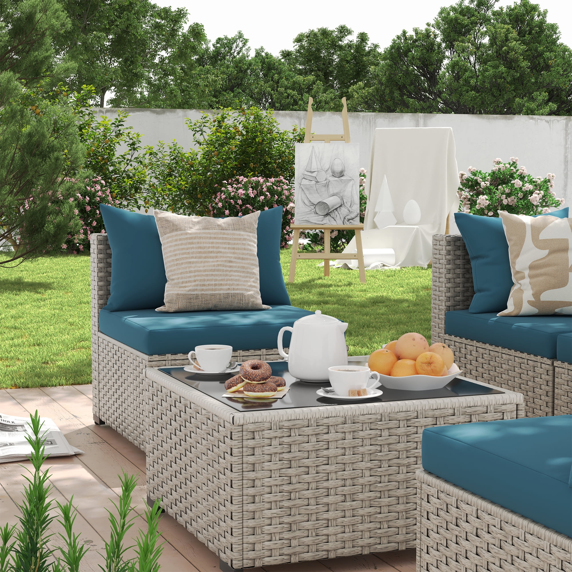 7 Pieces Patio Conversation Set, Outdoor Sectional PE Rattan Wicker Furniture Seat,Dark Gray - Image 69