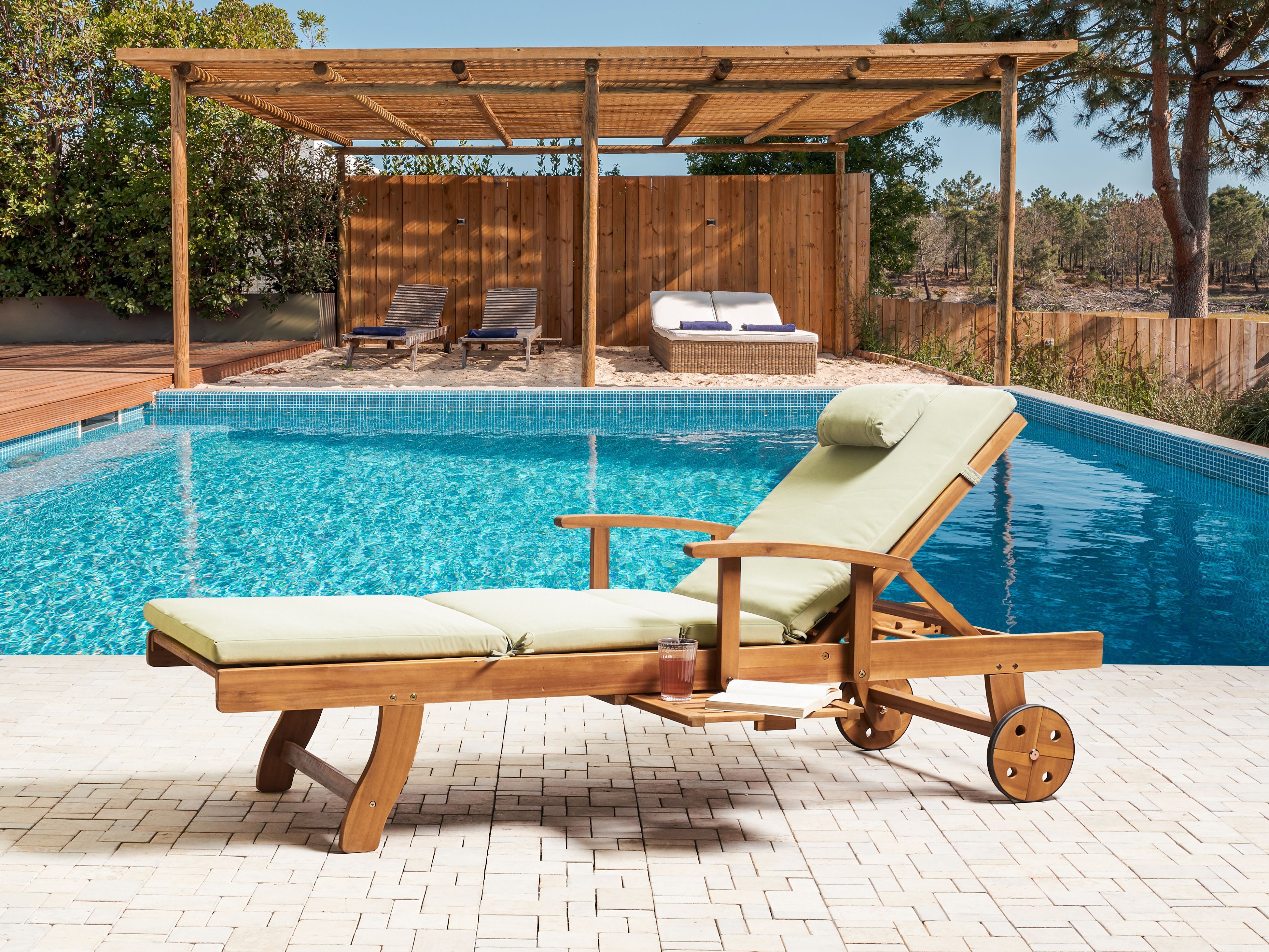 Sun Lounger with Cushion JAVA PREMIUM Acacia Wood Green