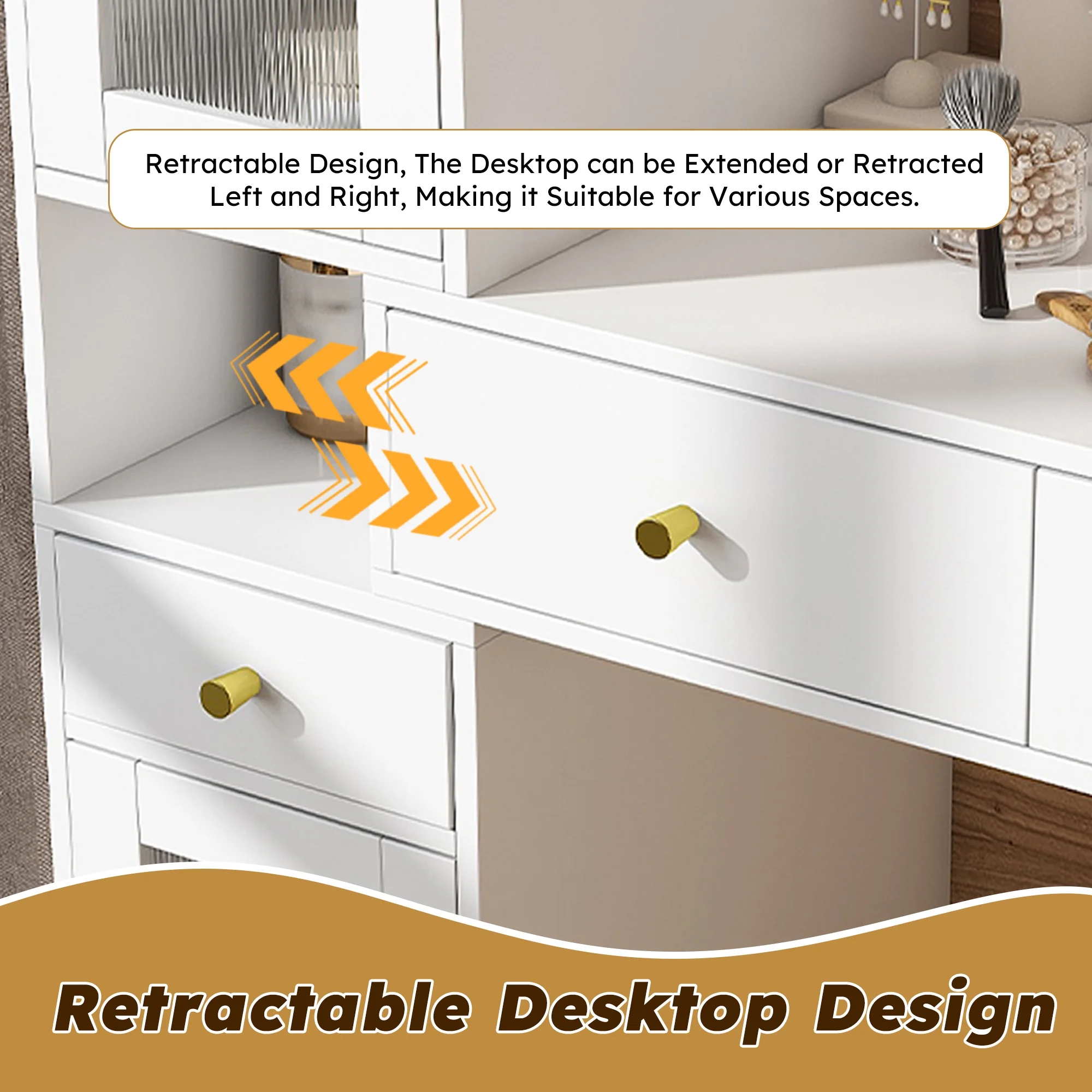 Montary Modern Mini Vanity w/Adjustable LED Mirror + Hidden Storage, Padded Stool & Dustproof Shelves (White) - Image 29