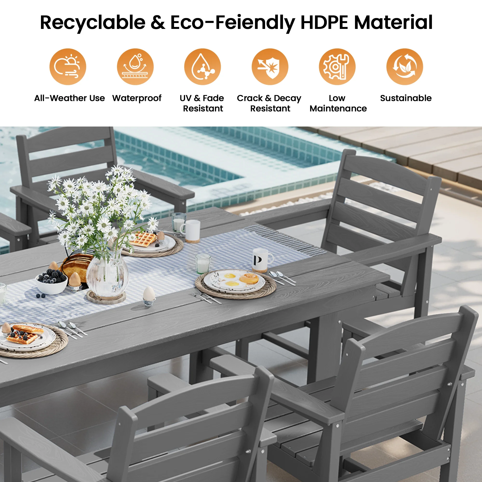 KINGYES 7-Piece Outdoor Dining Set, HDPE Patio Table and Chairs with Umbrella Hole, Gray - Image 4