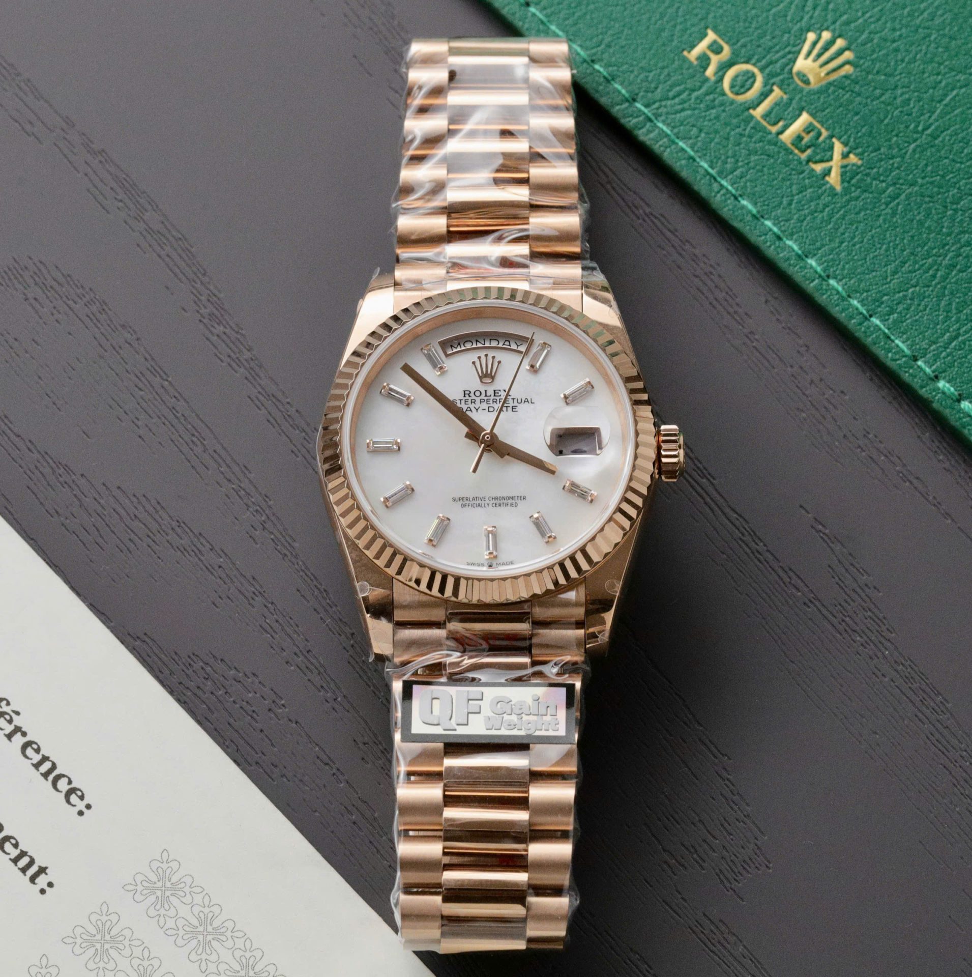 Rolex Day-Date Rose Gold Replica Watch Dial Mother Of Pearl QF Factory 36mm - Elite Watch Atelier