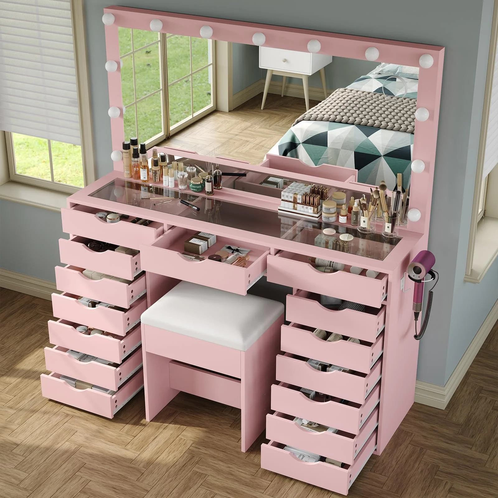 Yanosaku 15 Drawers Vanity Desk with Power Outlet, Makeup Table with Mirror and 13 LED Lights, 3 Color Lighting Modes, Brightness Adjustable, Glass Top Dressing Table, Vanity Set for Bedroom - Image 12