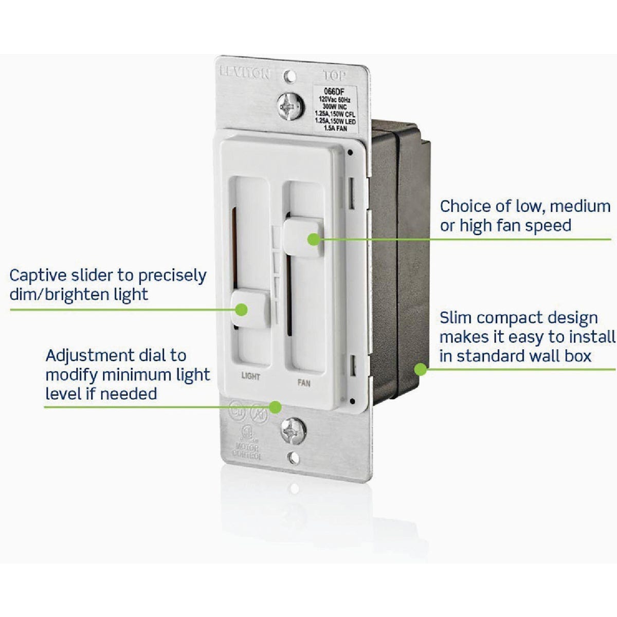 Leviton Decora SureSlide Fan & Incandescent/Halogen/LED Light White Slide Dimmer Switch