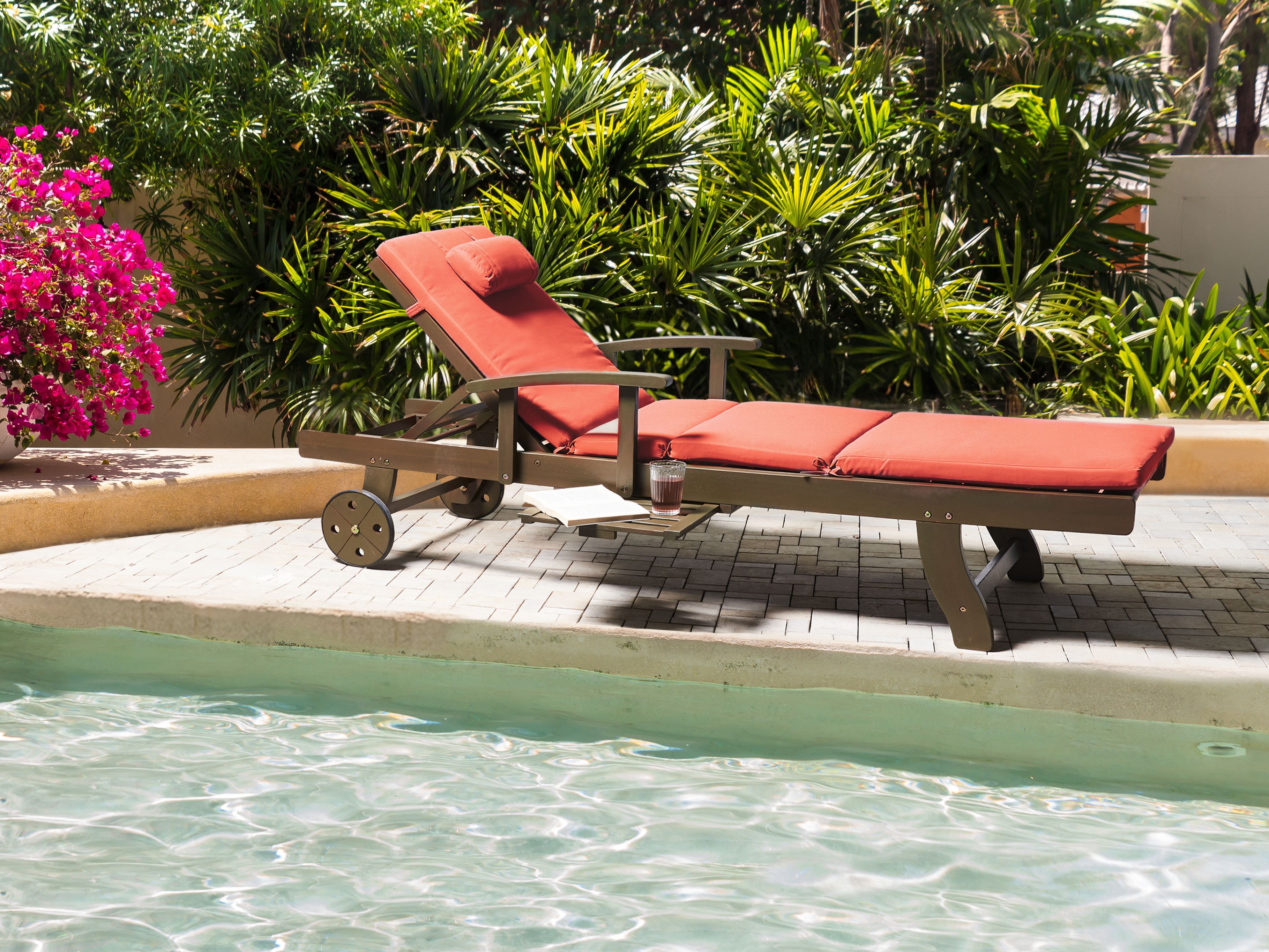 Sun Lounger with Cushion AMANTEA PREMIUM II Acacia Wood Red