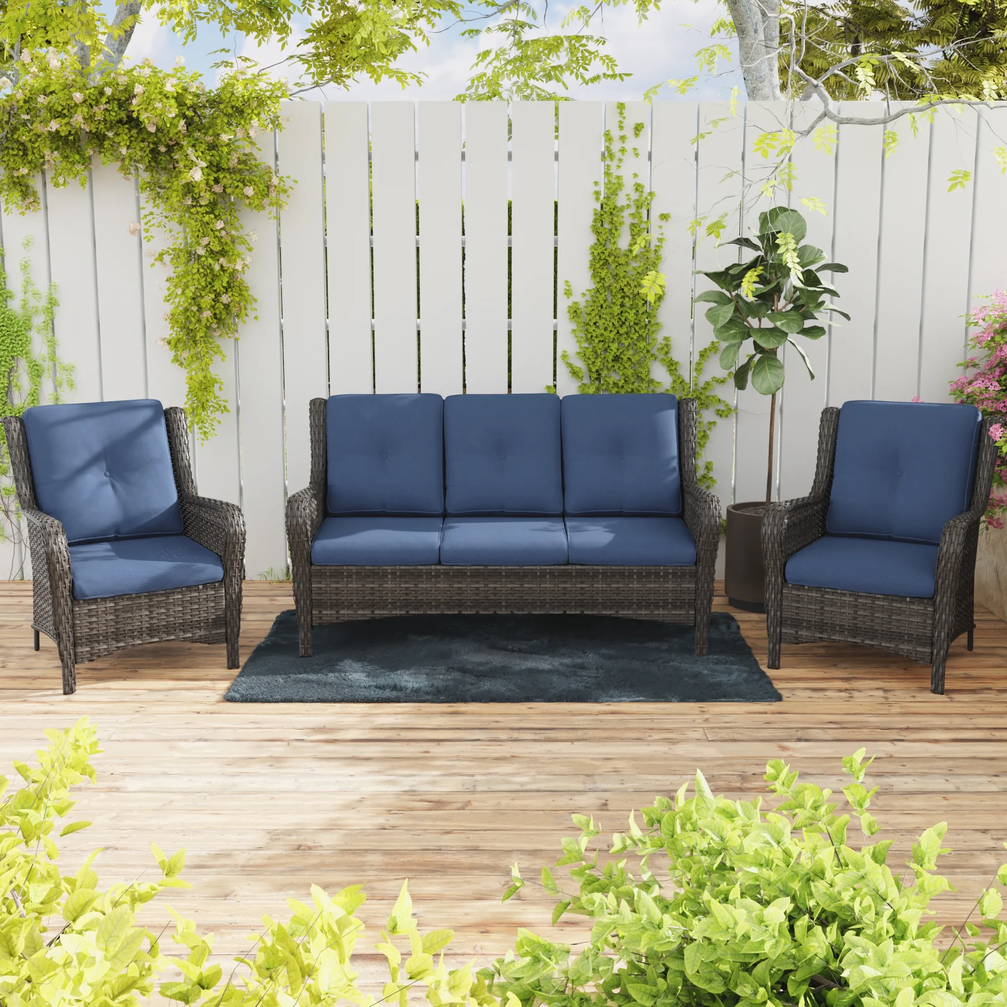 MeetLeisure 3 Pieces Outdoor Furniture Patio Furniture Set with One 3-Seat Sofa, Two ArmChairs, Navy