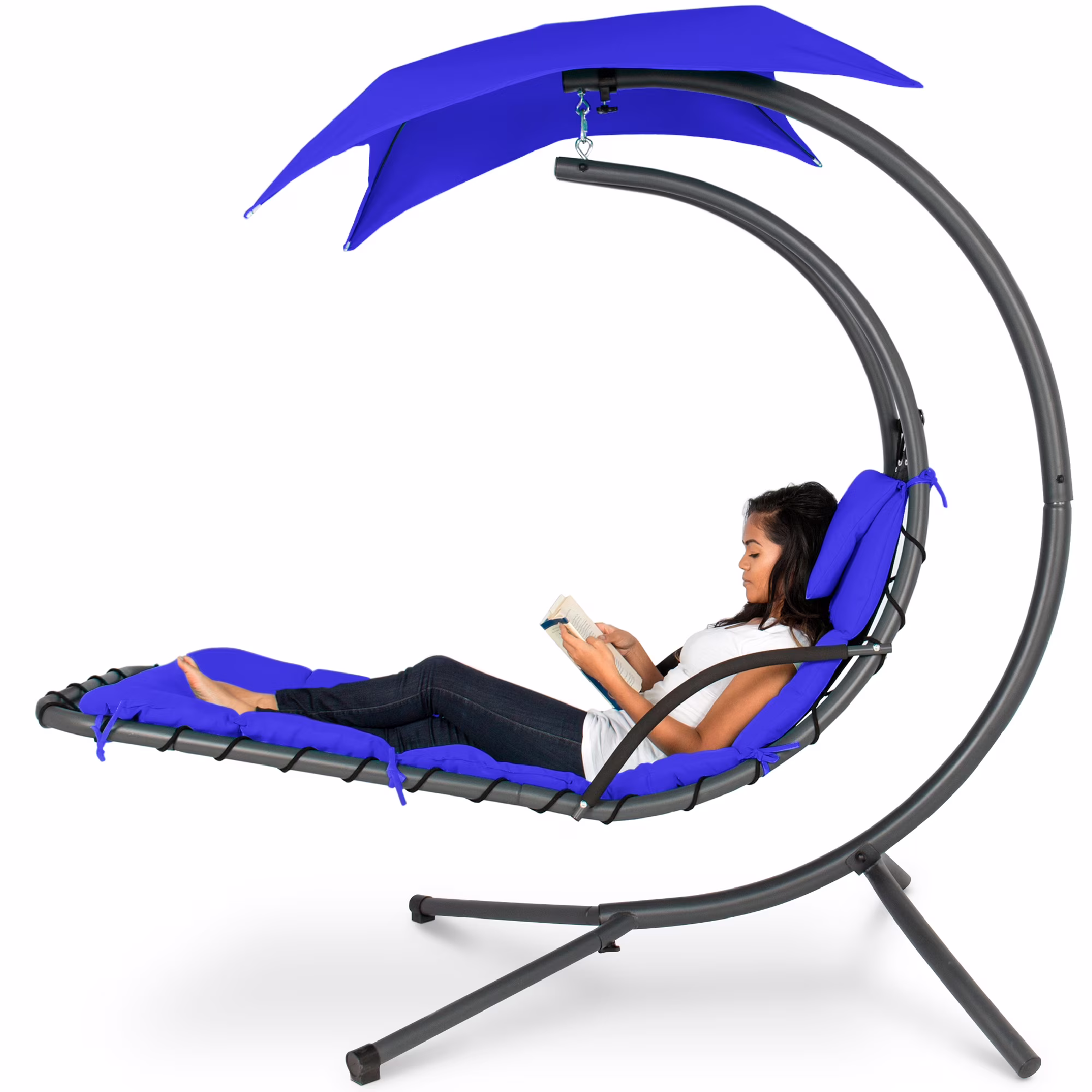 Best Choice Products Hanging Curved Chaise Lounge Chair Swing for Backyard, Patio w/ Pillow, Shade, Stand - Teal - Image 13