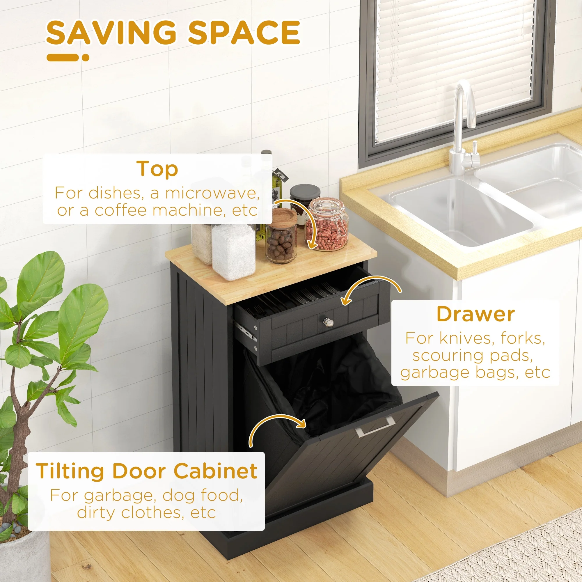 HOMCOM Kitchen Tilt Out Trash Bin Cabinet, Free Standing Recycling Cabinet - Image 8