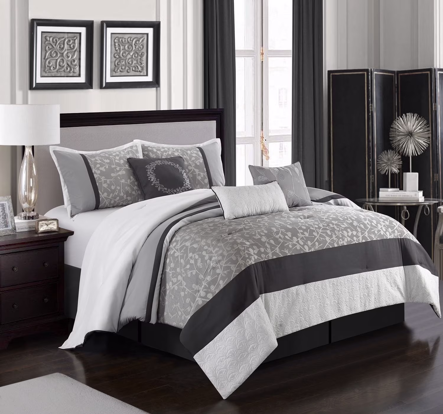 Lanco Smoke Grey Comforter Set California King Size, 9 Piece Jacquard Floral Bedding Set, All Season, Ultra-Soft, Matching Pillows & Shams, Bed Skirt - Image 17