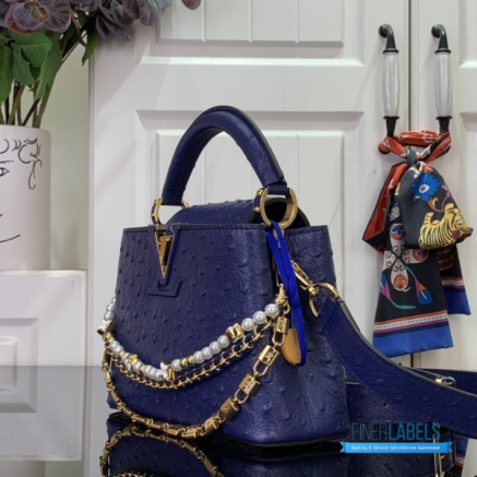 Royal Blue Ostrich Leather Mini Handbag with Pearl Chain Detail1:1High-quality replica