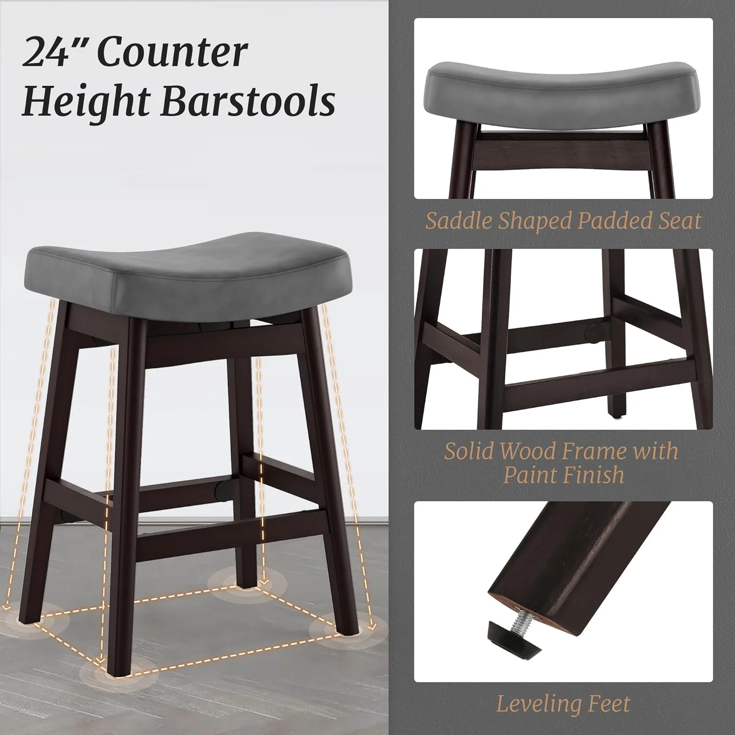 Dycanpo Saddle Seat Counter Height Bar Stools Set of 3 for Kitchen, Dining, 24in, Beige-Fabric - Image 13