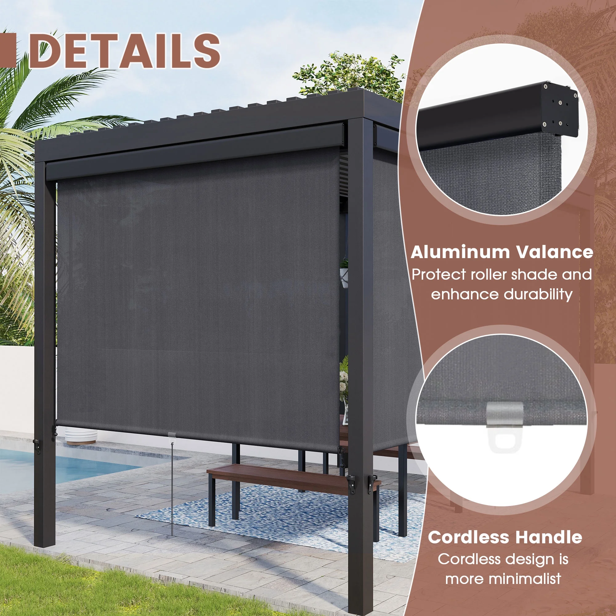 Vicllax Outdoor Patio Blinds Sun Shades Spring Roller Shade with Valance for Patio, Gray, 8'Wx8'H - Image 5