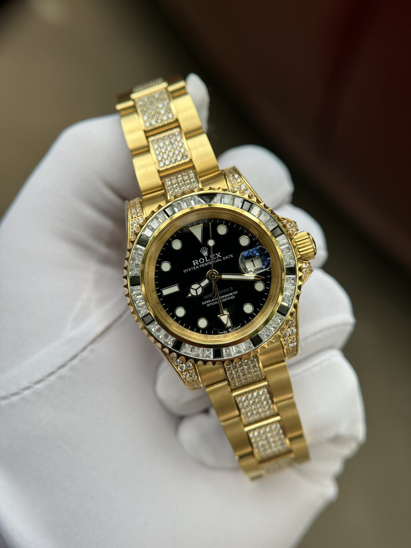 Rolex GMT-Master II Replica 1:1 Watch With Full Diamond Black Dial 40mm - Elite Watch Atelier