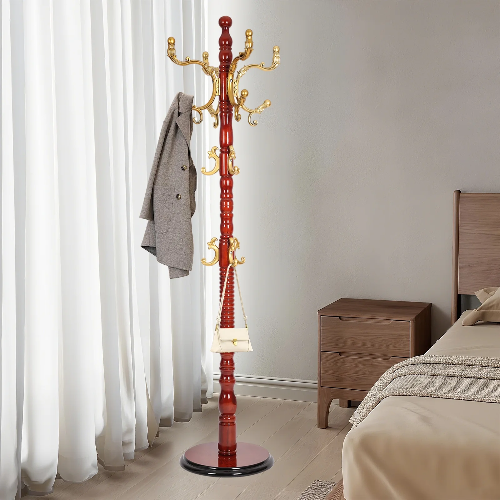 Coat Rack Freestanding, Hall Tree with 11 Hooks, Heavy Duty Wooden Coat Tree Stand, Adjustable Height, Sturdy Base for Bedroom Hallway Office - Load 270lbs - Image 26